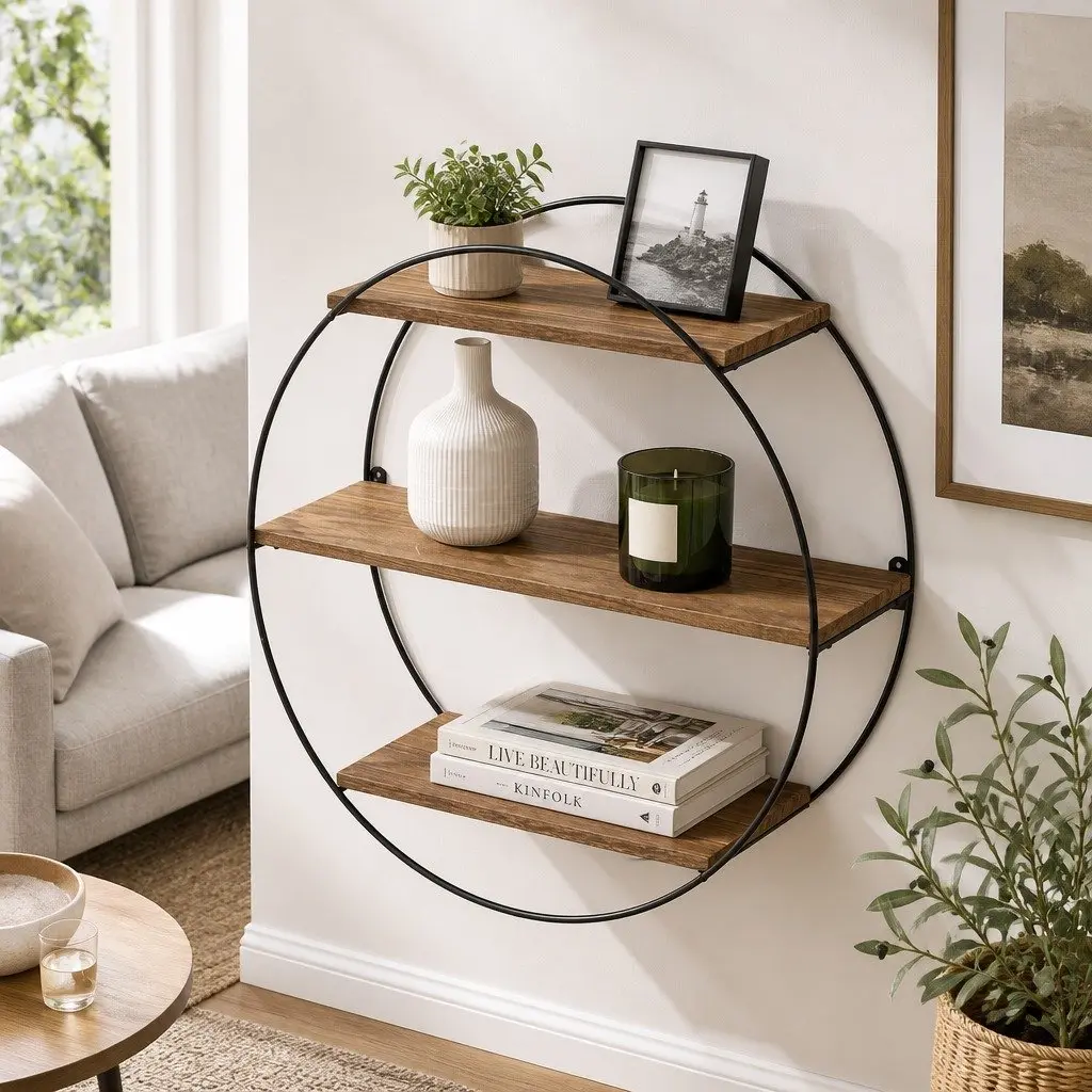 Round Floating Wall Shelf 3-Tier Space-Saving Corner Storage Easy Install Rust Oak