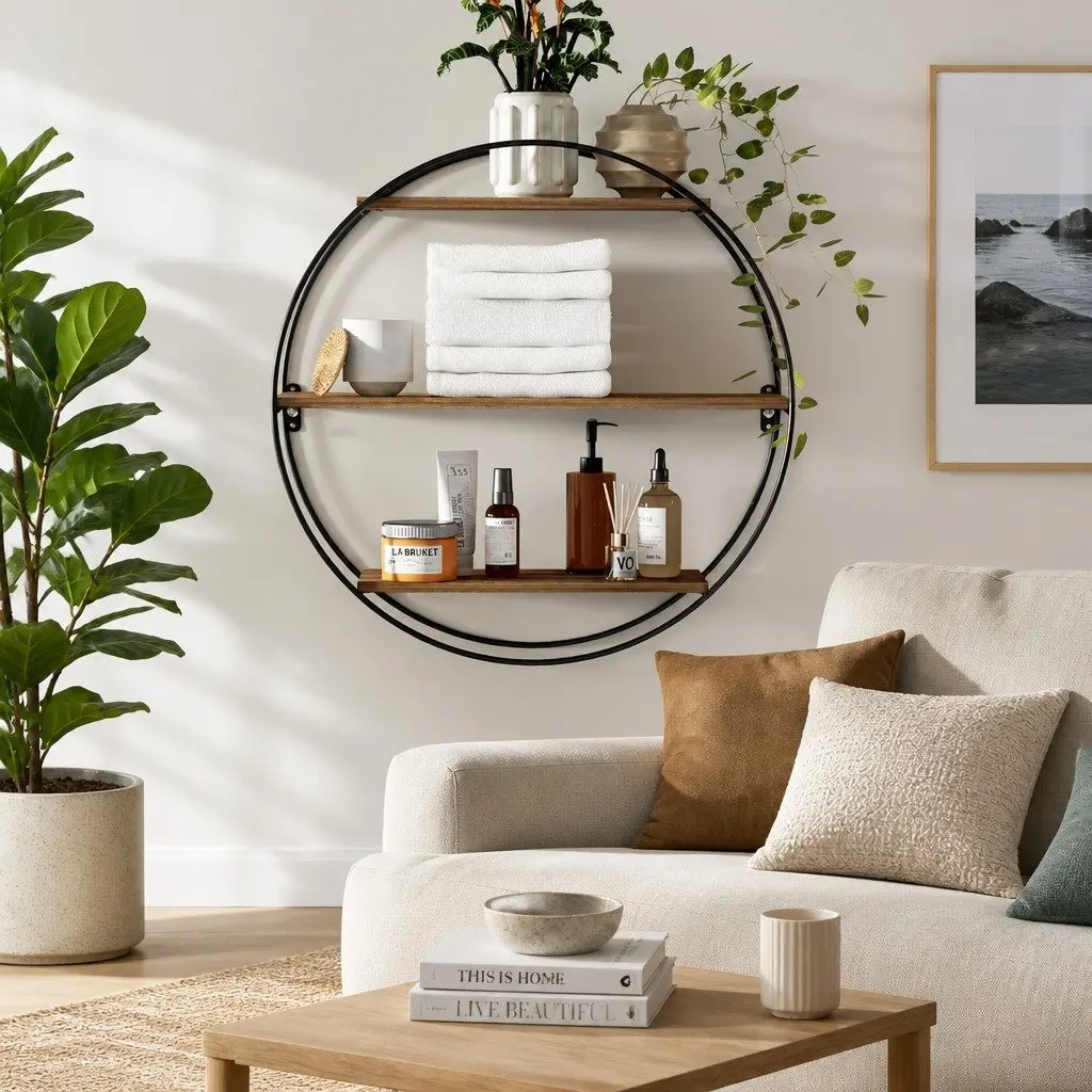 Round Floating Wall Shelf 3-Tier Space-Saving Corner Storage Easy Install Rust Oak