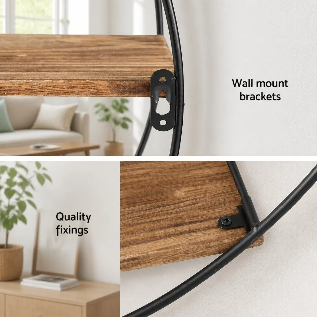 Round Floating Wall Shelf 3-Tier Space-Saving Corner Storage Easy Install Rust Oak