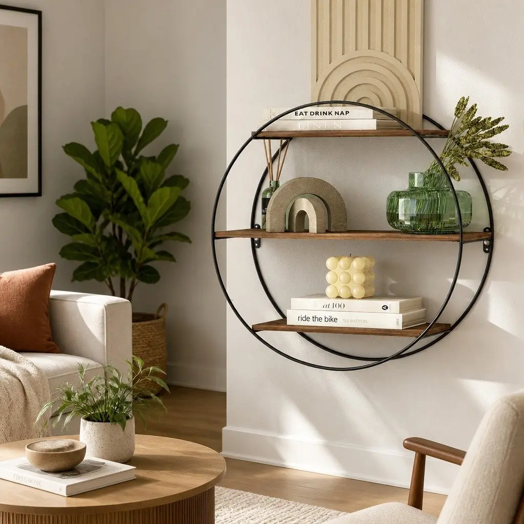 Round Floating Wall Shelf 3-Tier Space-Saving Corner Storage Easy Install Rust Oak