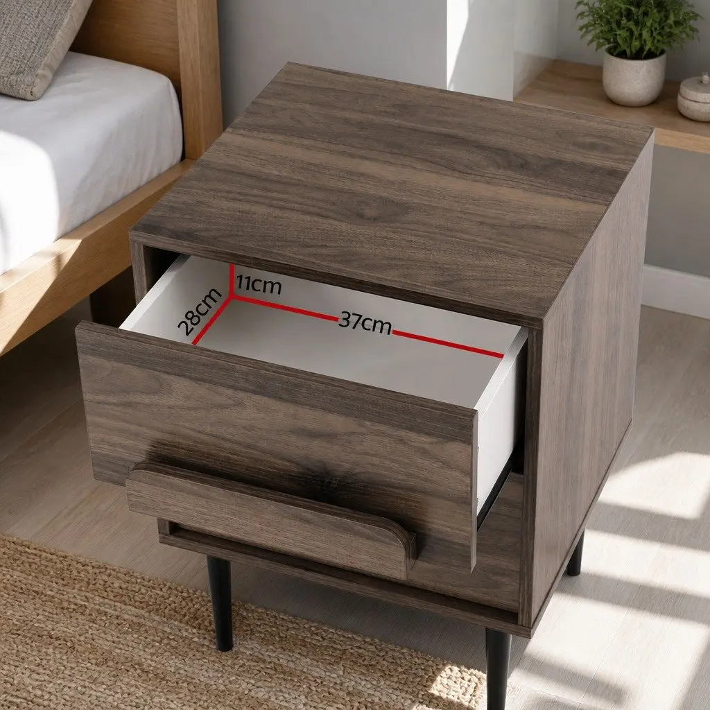 Bedside Table Nightstand 2 Drawers Walnut Bedroom Storage Organiser