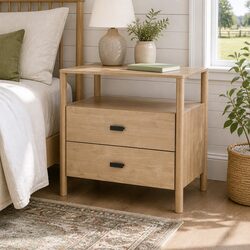 2-Drawer Nightstand in Pine Wood with Open Shelf