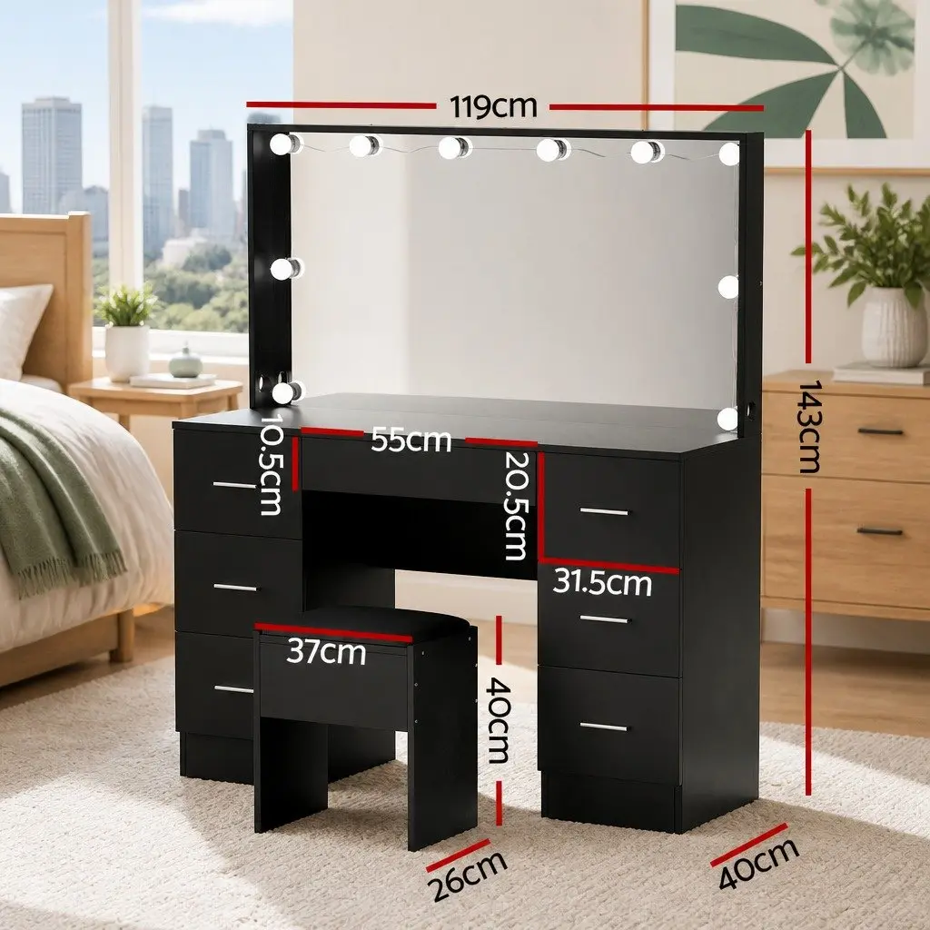 Dressing Table Vanity Desk Set with LED Mirror 10 Bulbs Black 7 Drawers