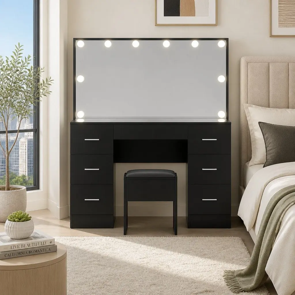 Dressing Table Vanity Desk Set with LED Mirror 10 Bulbs Black 7 Drawers