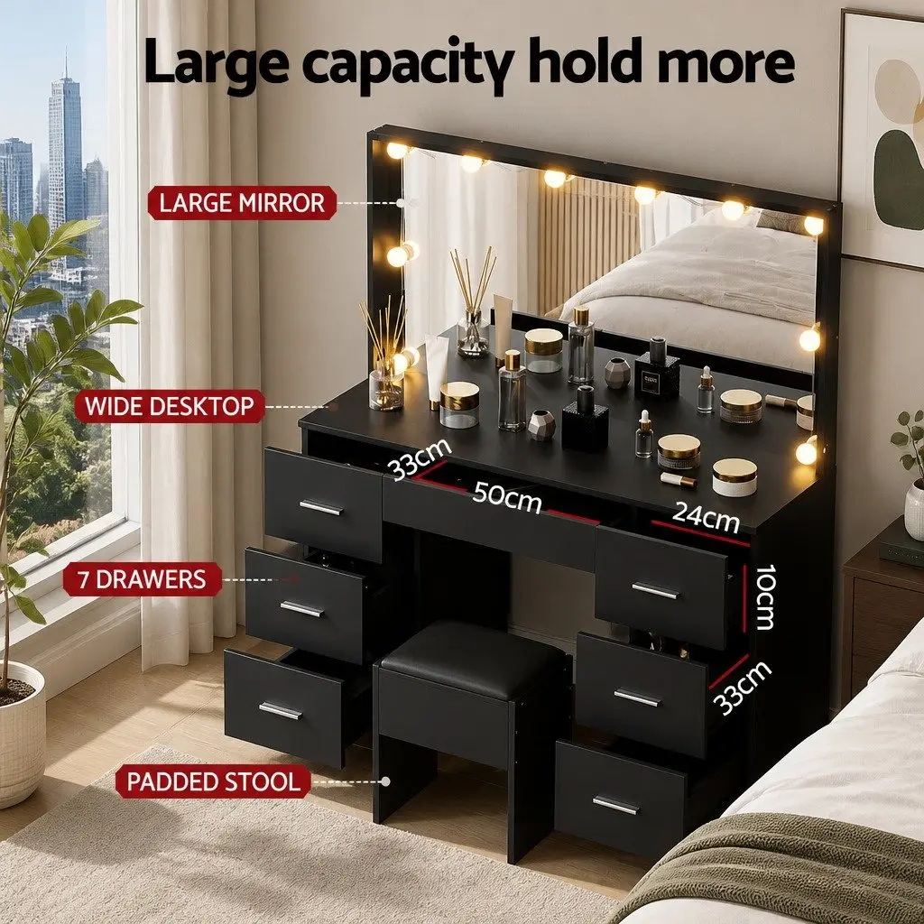 Dressing Table Vanity Desk Set with LED Mirror 10 Bulbs Black 7 Drawers
