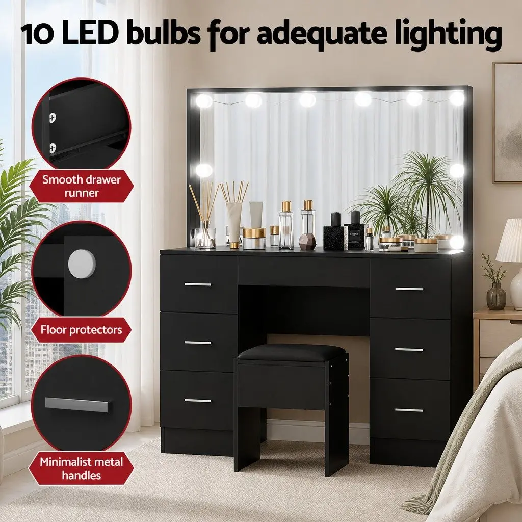 Dressing Table Vanity Desk Set with LED Mirror 10 Bulbs Black 7 Drawers