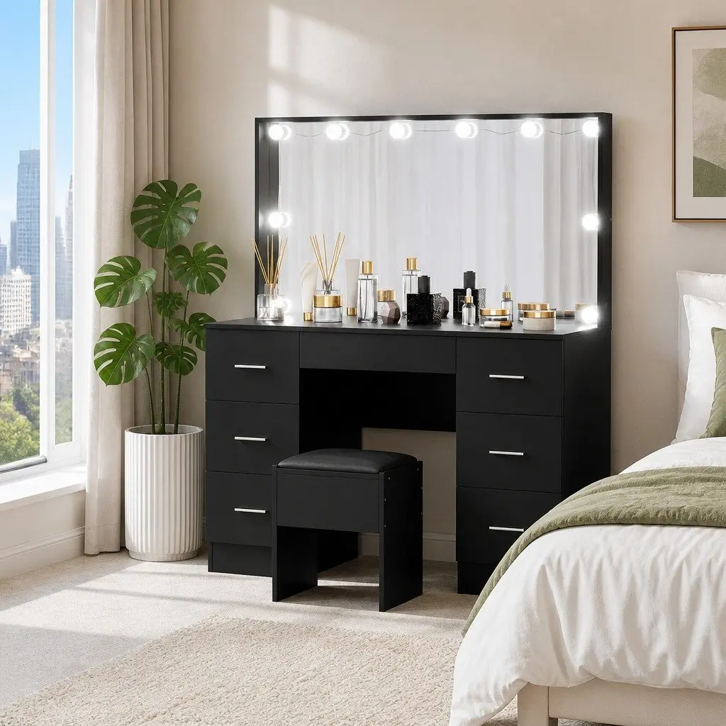Dressing Table Vanity Desk Set with LED Mirror 10 Bulbs Black 7 Drawers