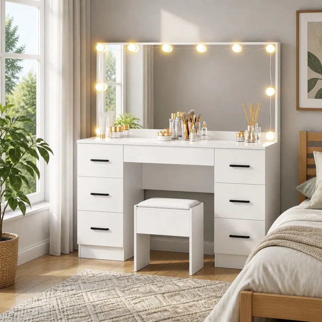 Dressing Table Set with Stool LED Bulbs 118cm White