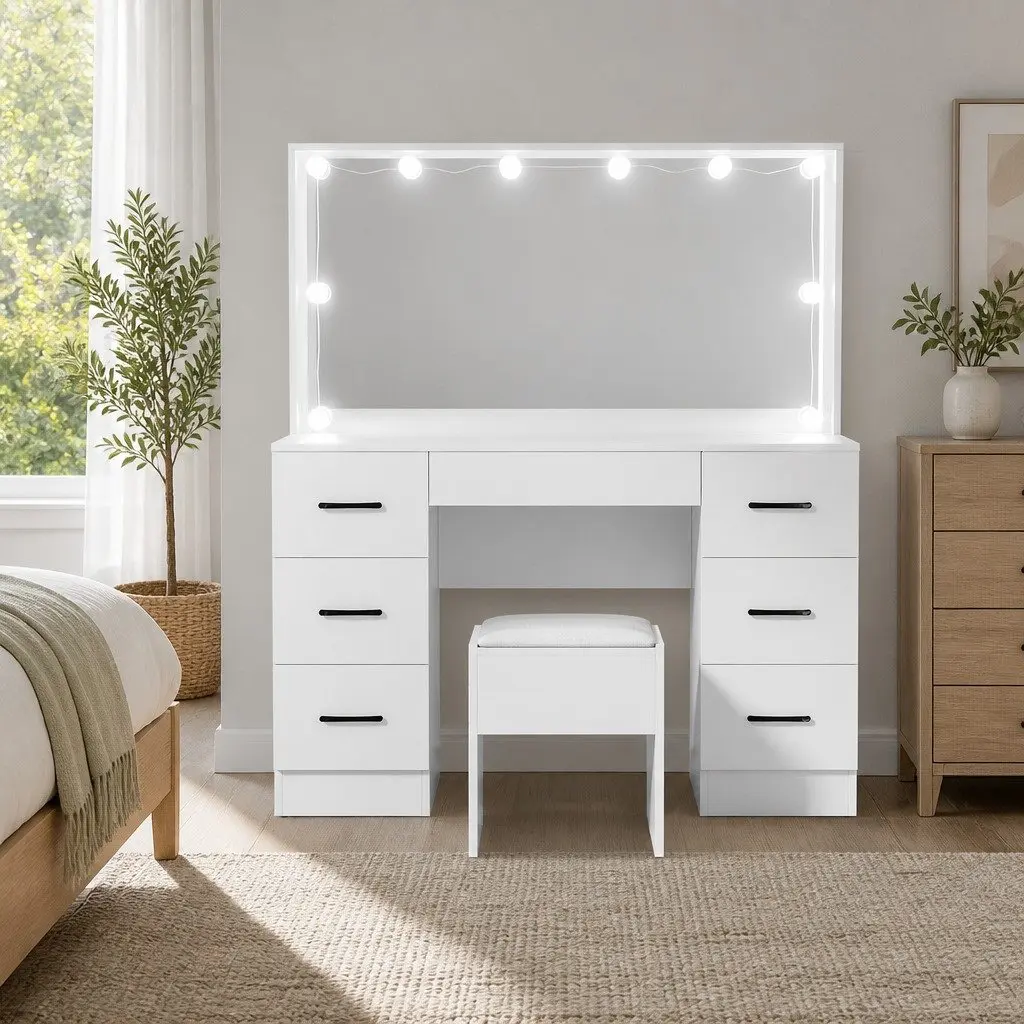 Dressing Table Set with Stool LED Bulbs 118cm White
