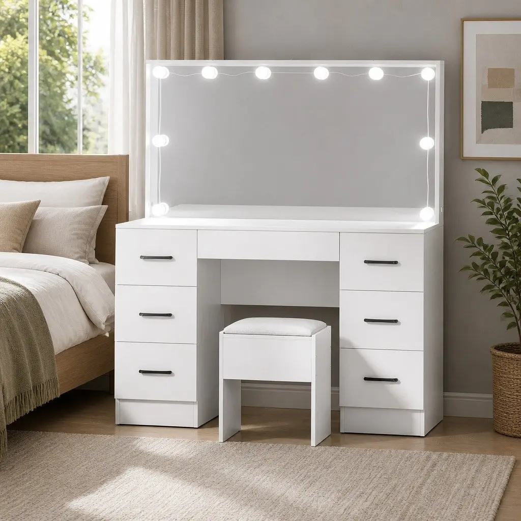 Dressing Table Set with Stool LED Bulbs 118cm White