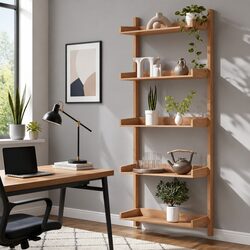 Open Foldable 5-Tier Bookshelf in Oak Wood