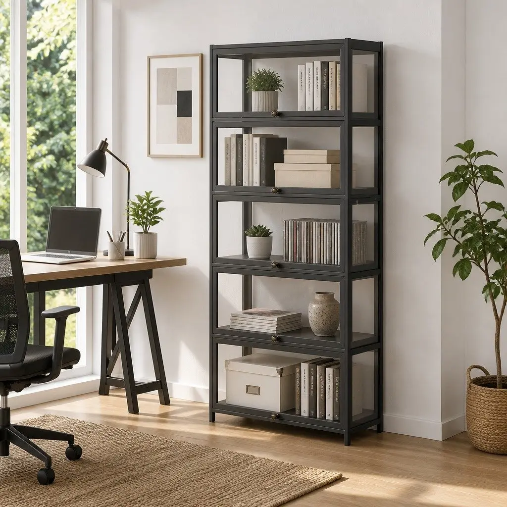 5-Tier Display Cabinet Storage Bookshelf Bamboo Frame Acrylic Panel Black