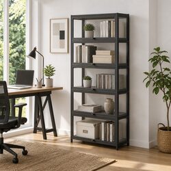 5-Tier Black Shelving Unit with Bamboo and Acrylic Build
