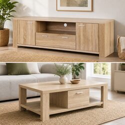 Natural Wood Grain TV Unit and Coffee Table Set