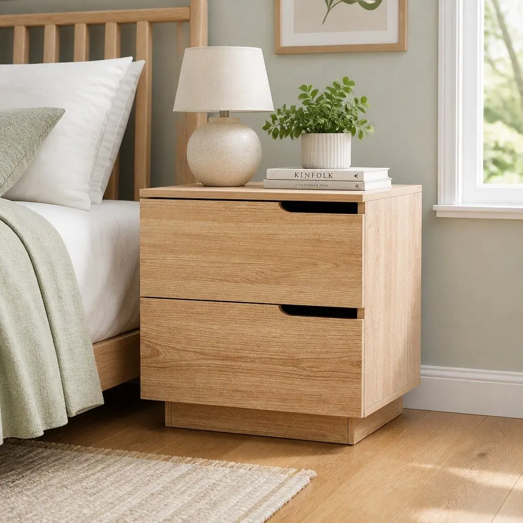 Bedside Table 2 Drawers Nightstand Pine Wood Effect Storage Cabinet Bedroom