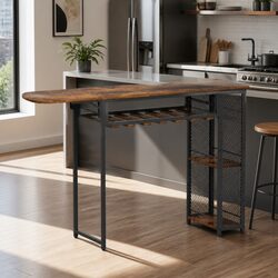 Compact Industrial Bar Table with Wine Rack and Cup Holders