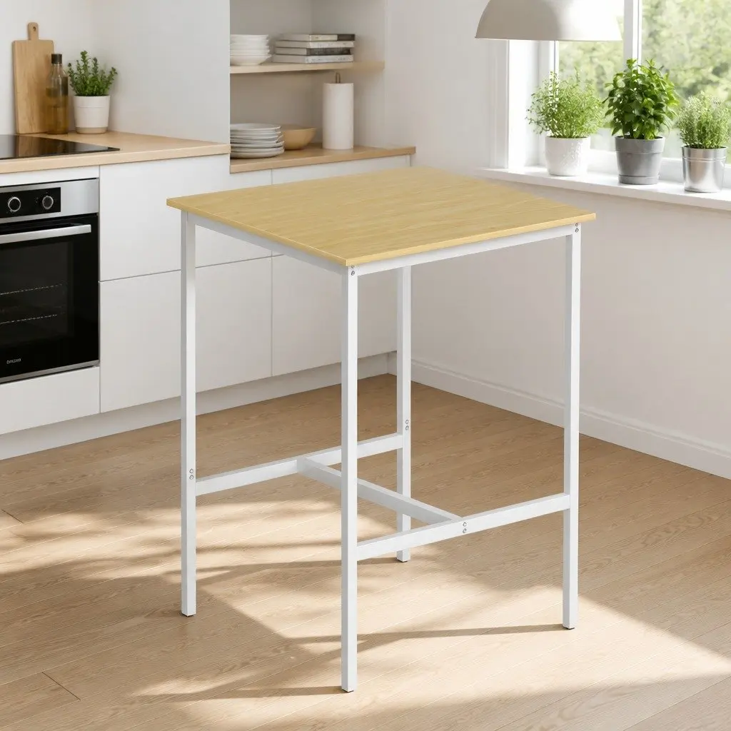 Square Bar Table Counter Height Pine Modern 60x60cm with Metal Frame and H-Shaped Footrest