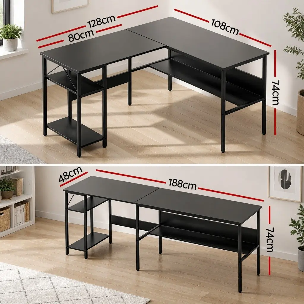 L-Shape Computer Desk Reversible Open Shelf Storage 128cm x 108cm Black