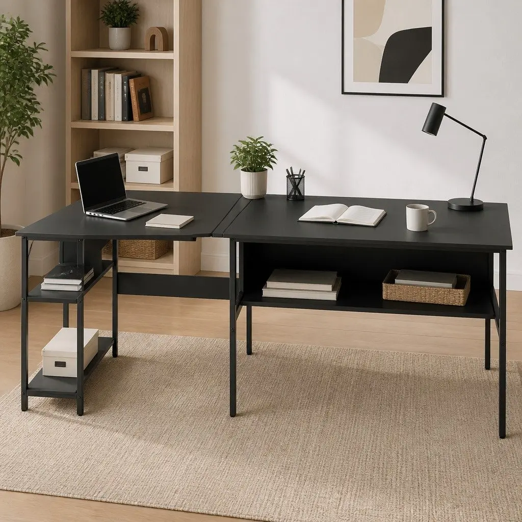L-Shape Computer Desk Reversible Open Shelf Storage 128cm x 108cm Black