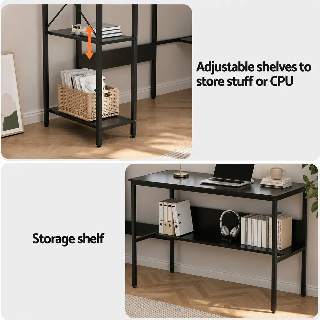 L-Shape Computer Desk Reversible Open Shelf Storage 128cm x 108cm Black