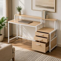 Practical Computer Desk with Open Shelf in Oak Finish