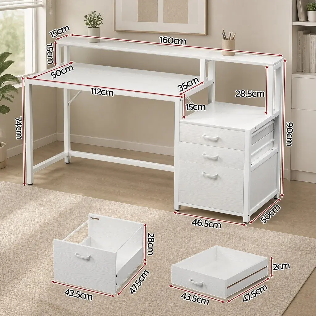 Computer Desk Home Office Study Table w/ Drawers Open Shelf White 160cm