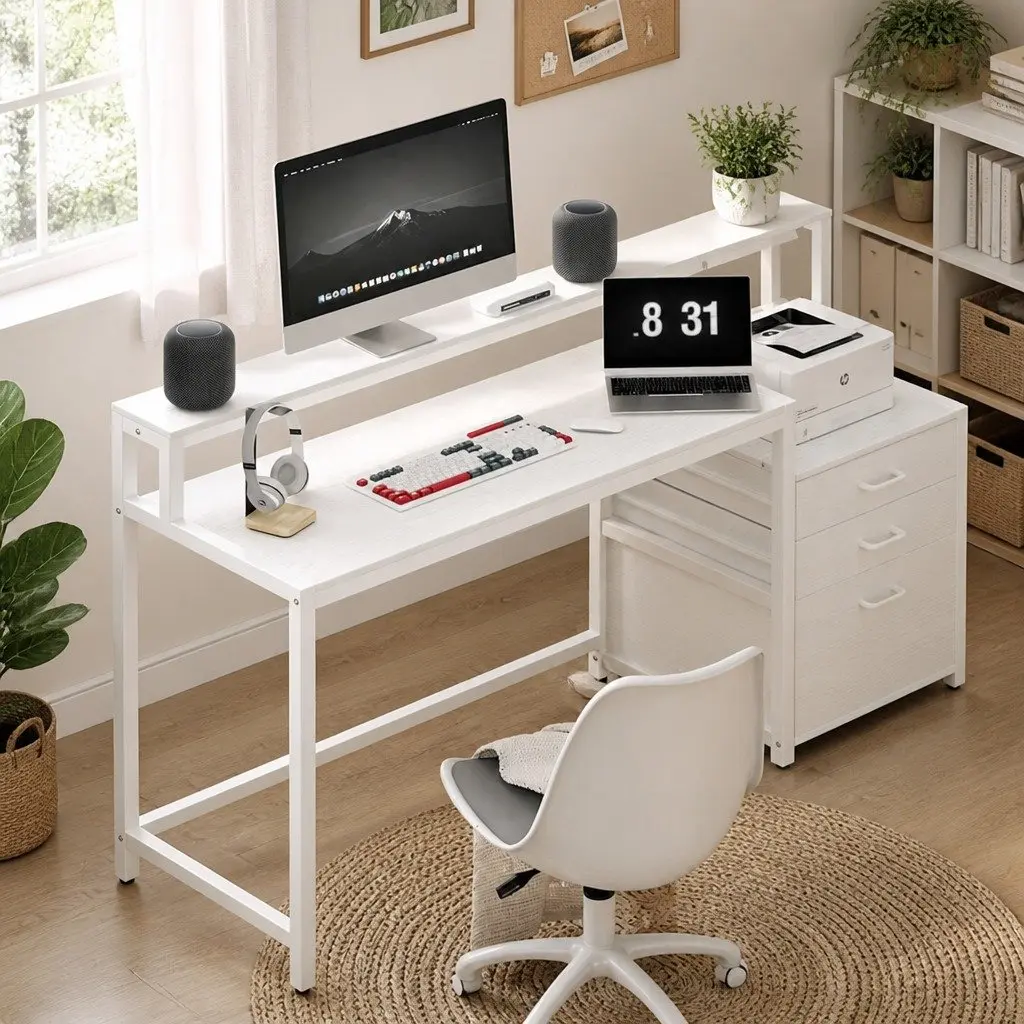 Computer Desk Home Office Study Table w/ Drawers Open Shelf White 160cm