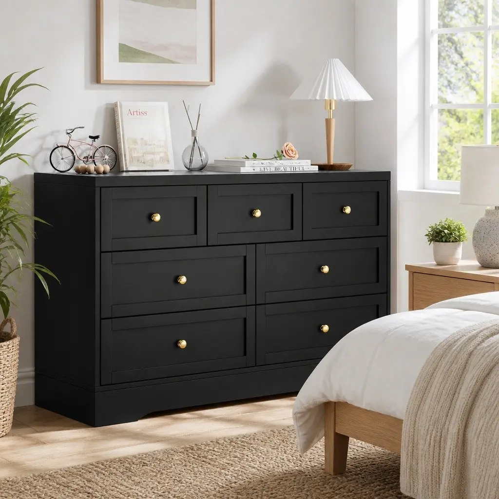 7 Drawer Storage Dresser Cabinet Bedroom Furniture Black Paper Veneer