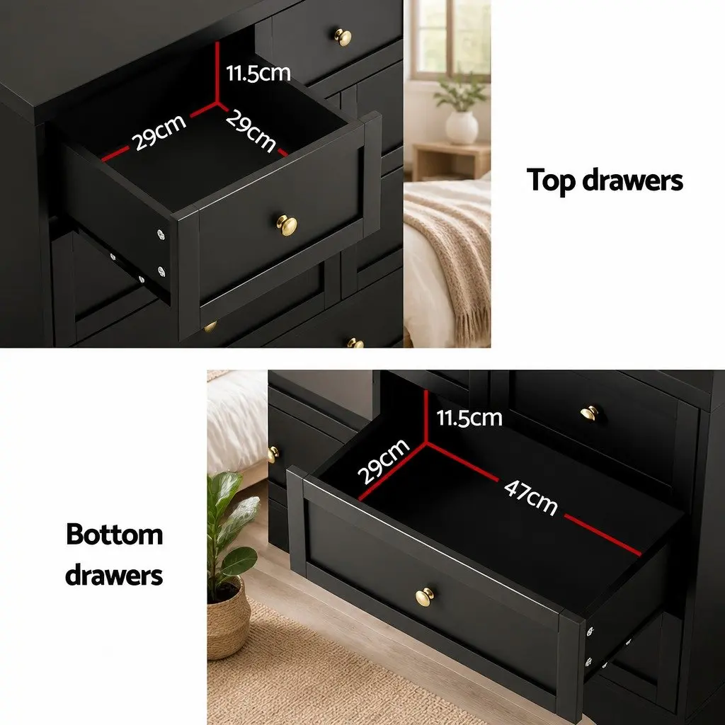 7 Drawer Storage Dresser Cabinet Bedroom Furniture Black Paper Veneer