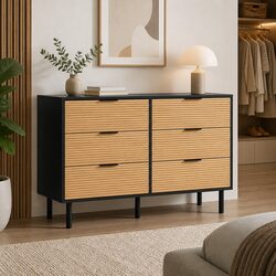 Black Pine 6 Drawer Chest with Fluted Doors and Metal Handles