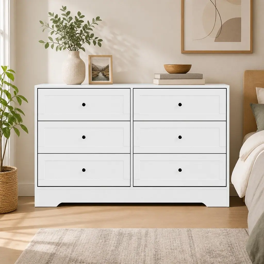 White Chest of Drawers 6 Drawer Tallboy Dresser Bedroom Storage Cabinet