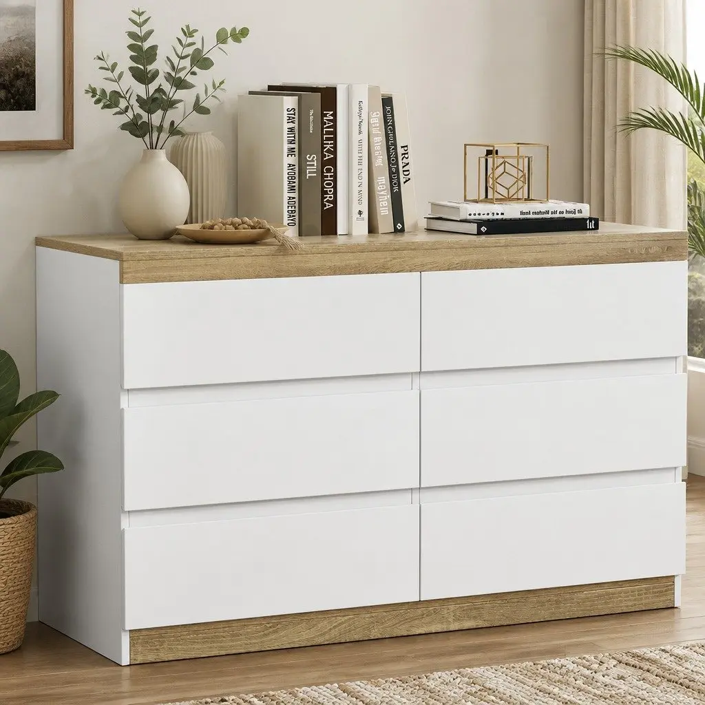 6 Drawers Chest of Drawers Storage Tallboy Bedroom Furniture White and Oak