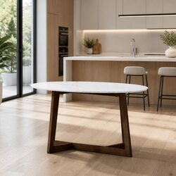Marble-Effect Oval Coffee Table with Rubber Wood Legs