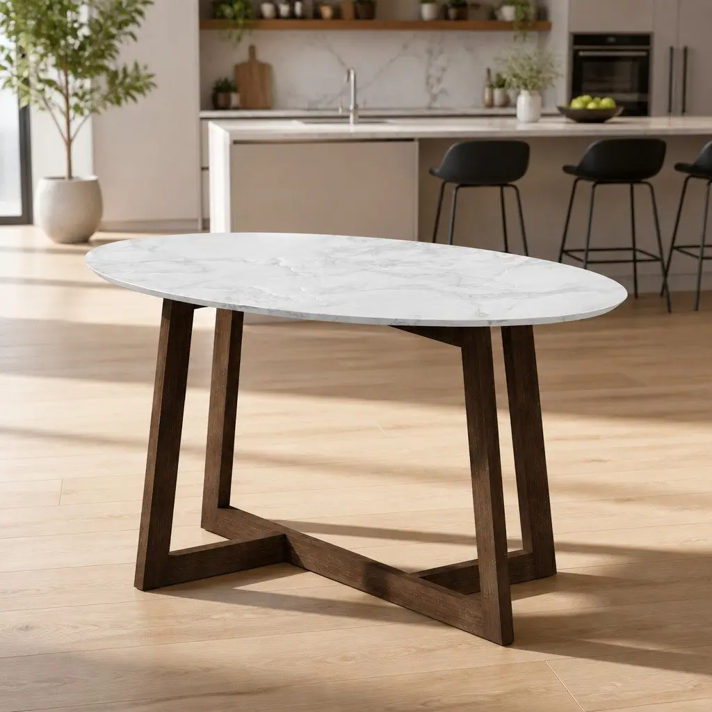 Oval Coffee Table Marble Effect Easy Clean 80cm Walnut