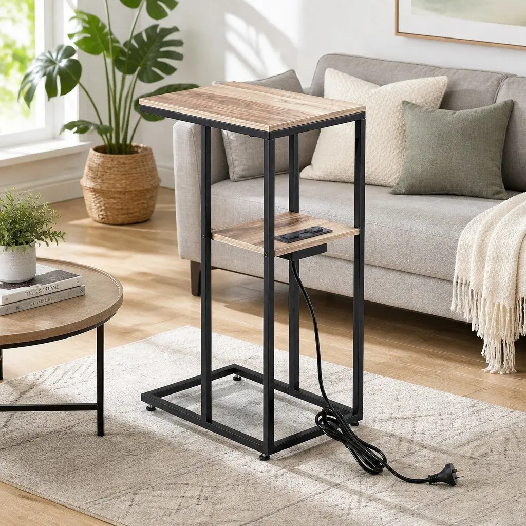 C-Shaped End Table Charging Station 2-Tier Side Coffee Table Bedside Nightstand