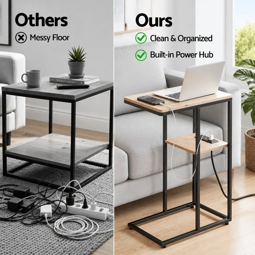 C-Shaped End Table Charging Station 2-Tier Side Coffee Table Bedside Nightstand