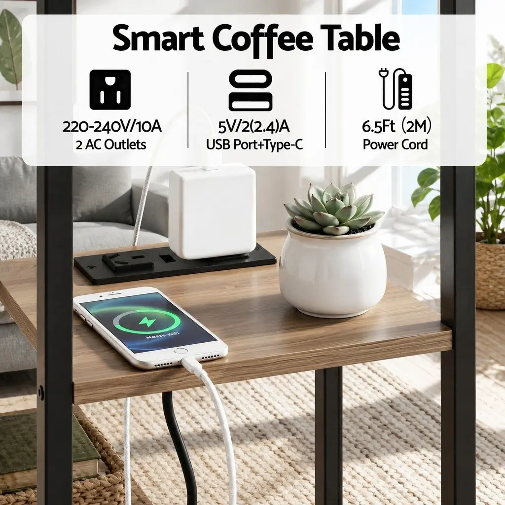 C-Shaped End Table Charging Station 2-Tier Side Coffee Table Bedside Nightstand