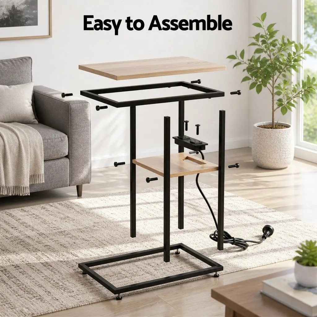 C-Shaped End Table Charging Station 2-Tier Side Coffee Table Bedside Nightstand