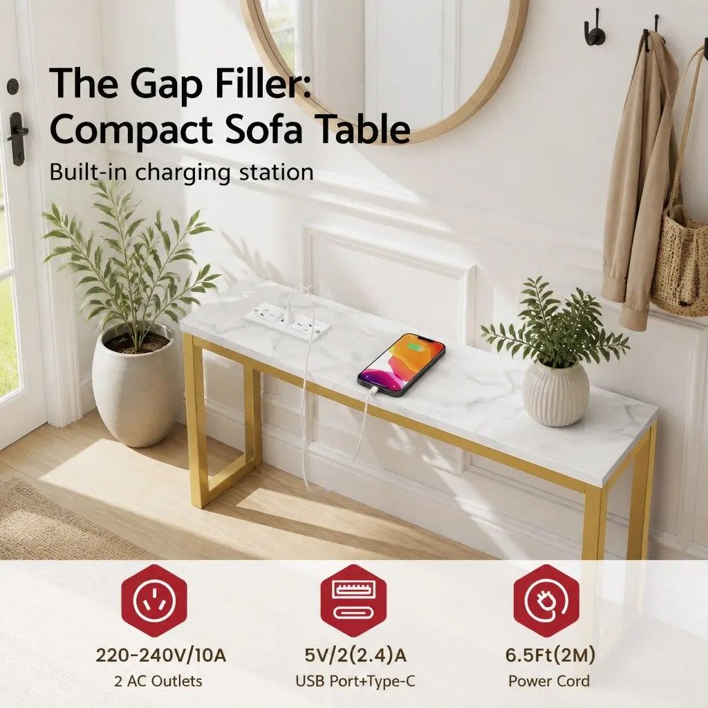 Console Table Narrow Entryway Hallway Display Desk with Built-in Charging