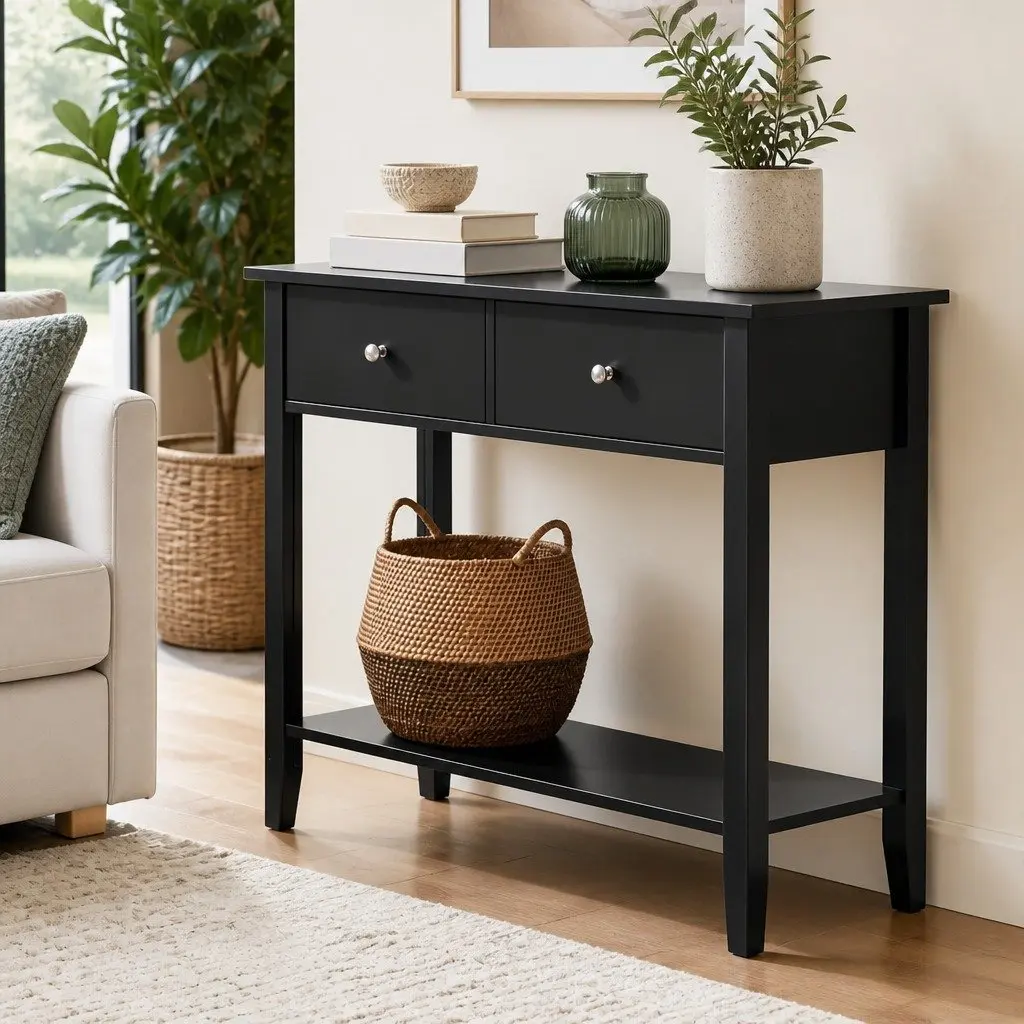 Console Table 80cm Black Minimalist 2 Drawers Open Shelf