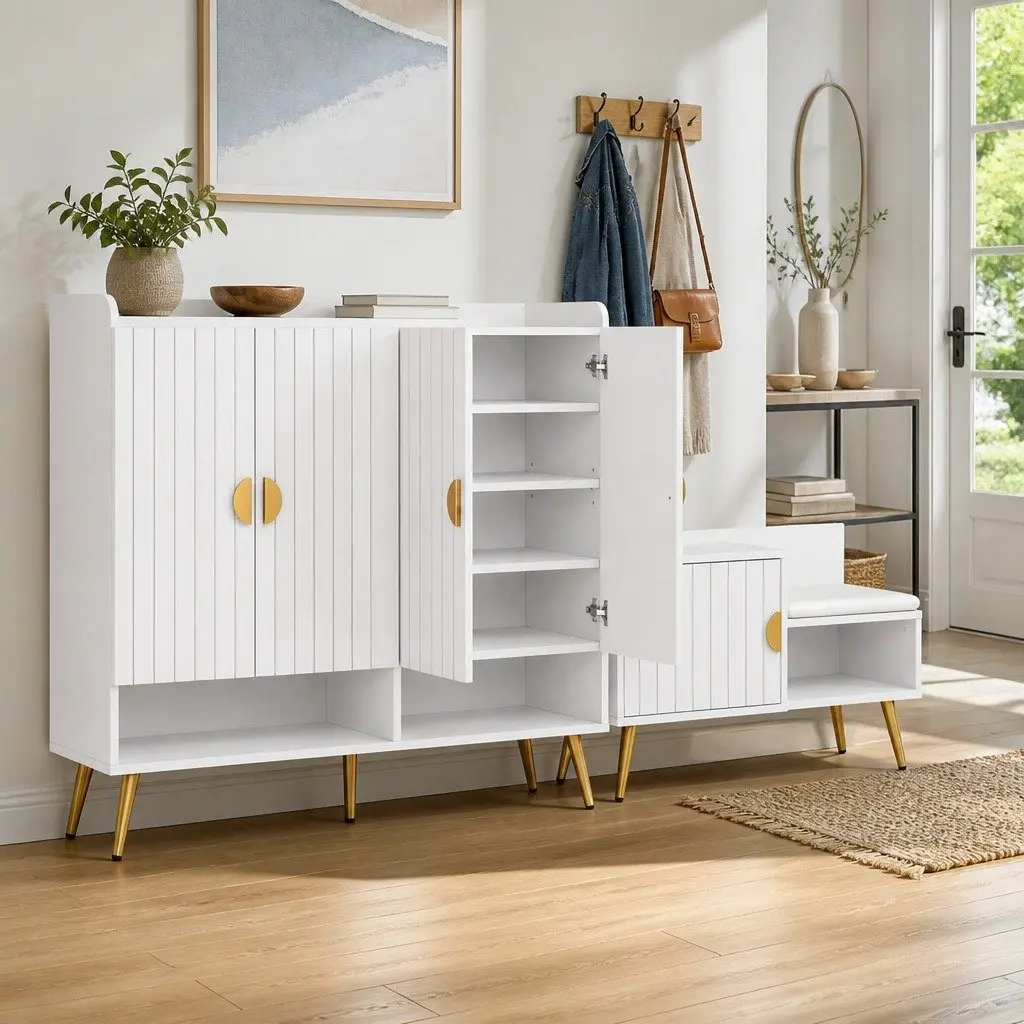Shoe Cabinet Bench Set Adjustable 10 Tier White