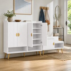 White Shoe Cabinet Bench Set with 10 Adjustable Shelves