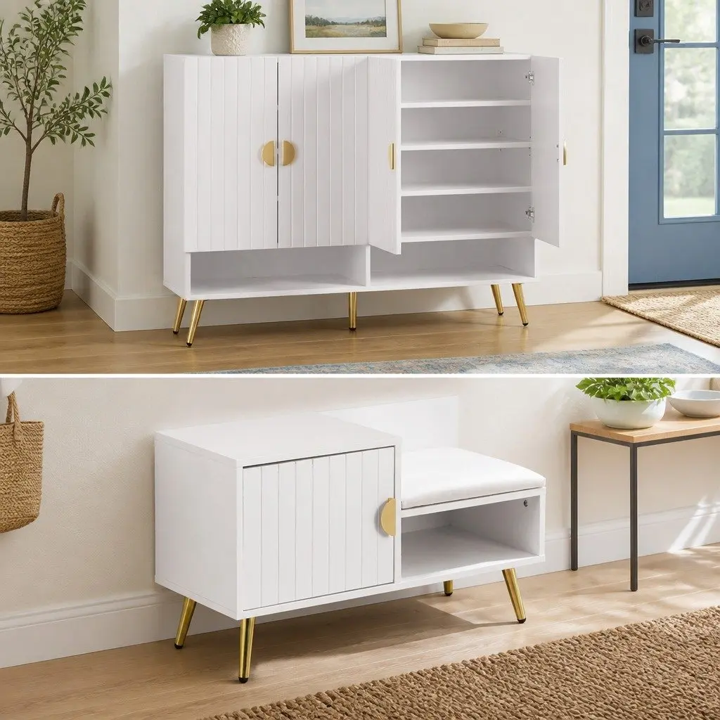 Shoe Cabinet Bench Set Adjustable 10 Tier White