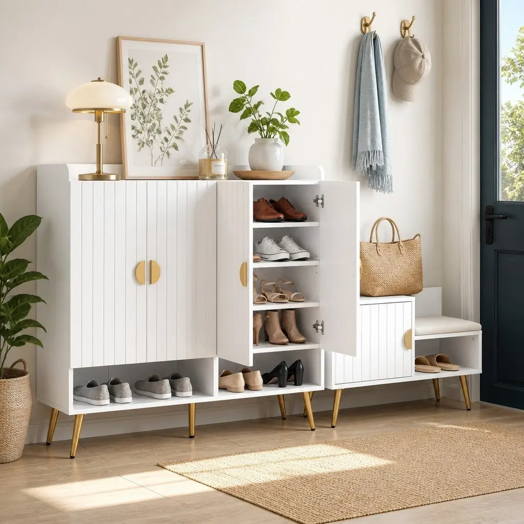 Shoe Cabinet Bench Set Adjustable 10 Tier White