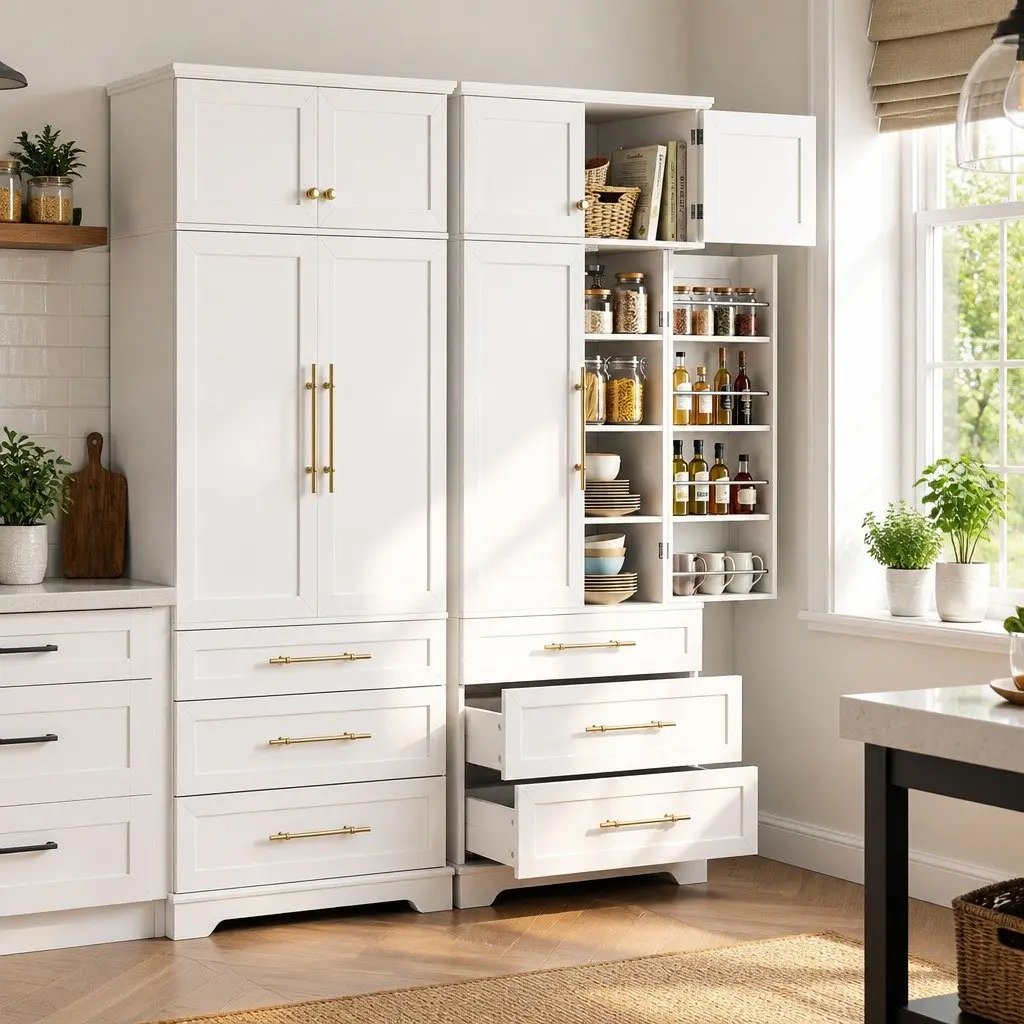 Buffet Sideboard Cabinet Kitchen Storage Pantry with Shaker Doors Adjustable Shelves White Set of 2