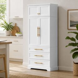 White Kitchen Pantry Storage Cabinet with Adjustable Shelves