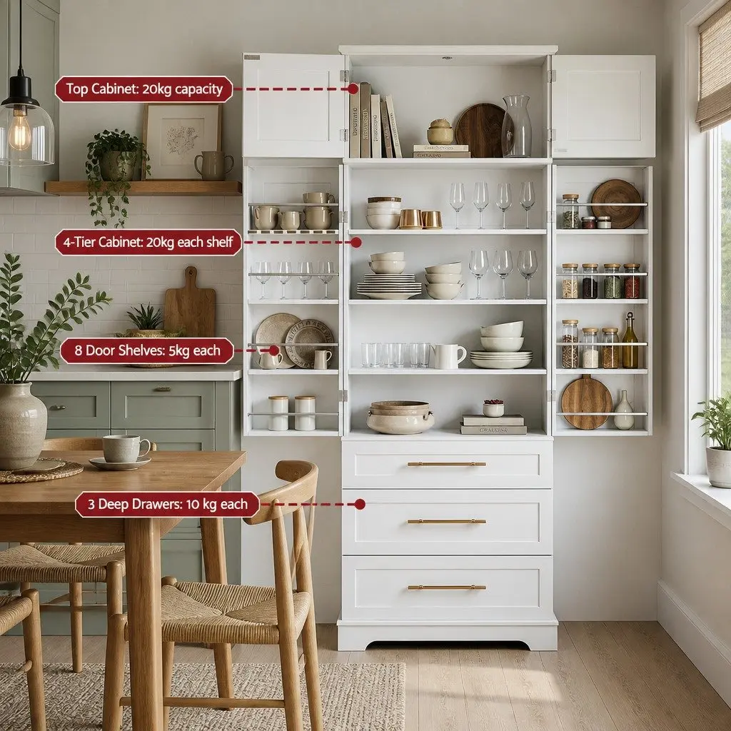Buffet Sideboard Cabinet Adjustable Shelves White 80cm W x 40cm D x 200cm H