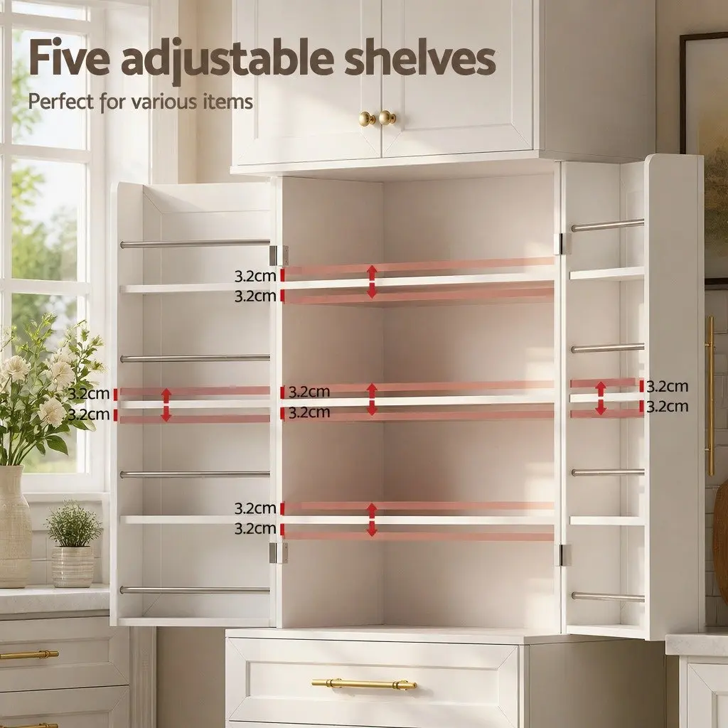 Buffet Sideboard Cabinet Adjustable Shelves White 80cm W x 40cm D x 200cm H