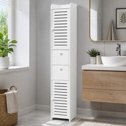 Slim White Corner Cabinet for Bathroom Storage