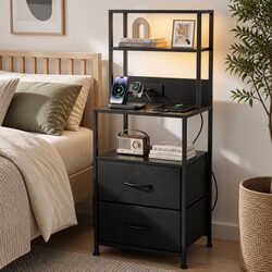Black Bedside Table Nightstand with Charging Station
